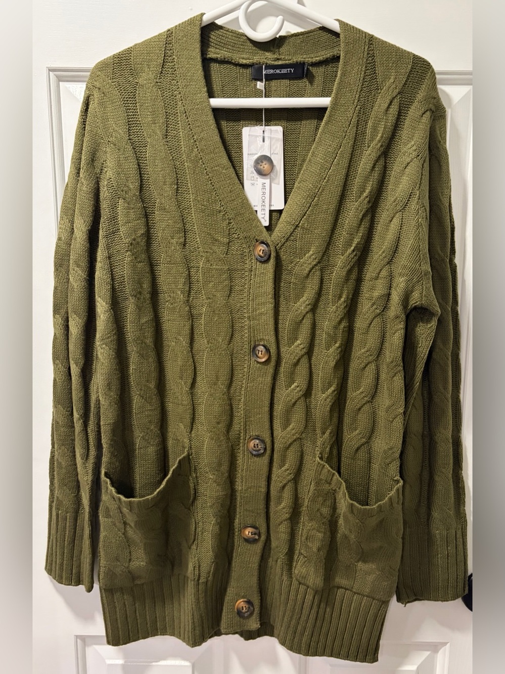 NWT MEROKEETY Olive Green Chunky Cable Knit Cardigan - Size M